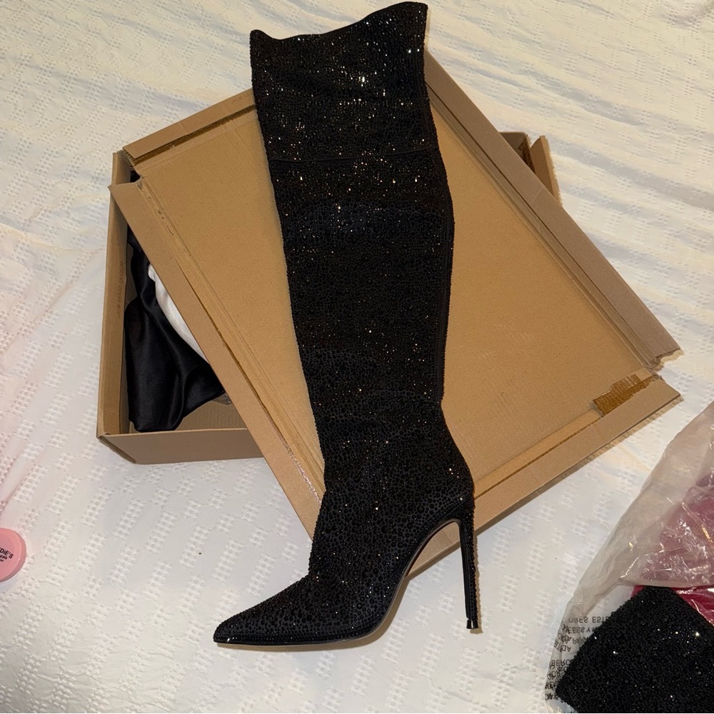 Steve Madden Black Rhinestone Heeled Boots
